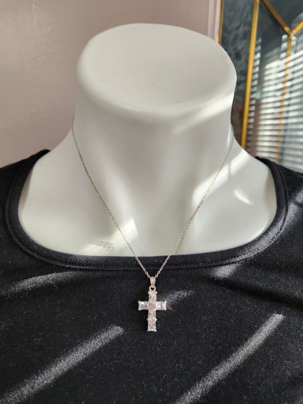 Vintage Italian Baguette CZ Cross Pendant 18" 925 Silver Chain Necklace